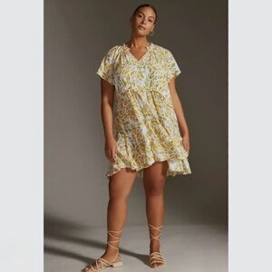 Anthropologie Robin Tiered Mini Dress In Yellow Bohemian Flowy Boho